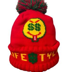 Lifestyle Men’s Red Smiley Face Money Knit Pom Pom Winter Hat One Size